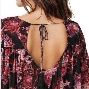 Free People Open Back Black Red Floral Print Balloon Sleeve Boho Blouse size SM